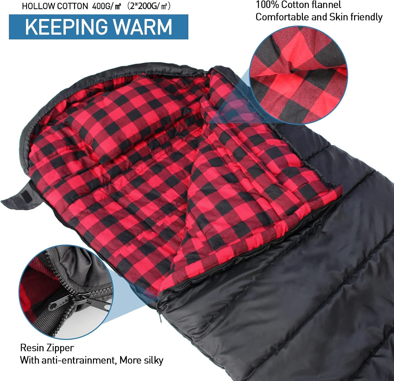 0 Degree Sleeping Bag Cotton Flannel Winter Cold Weather for Adults XXL Sleeping Bag 4 Season Big and Tall with Pillow Compression Sack - Image 3